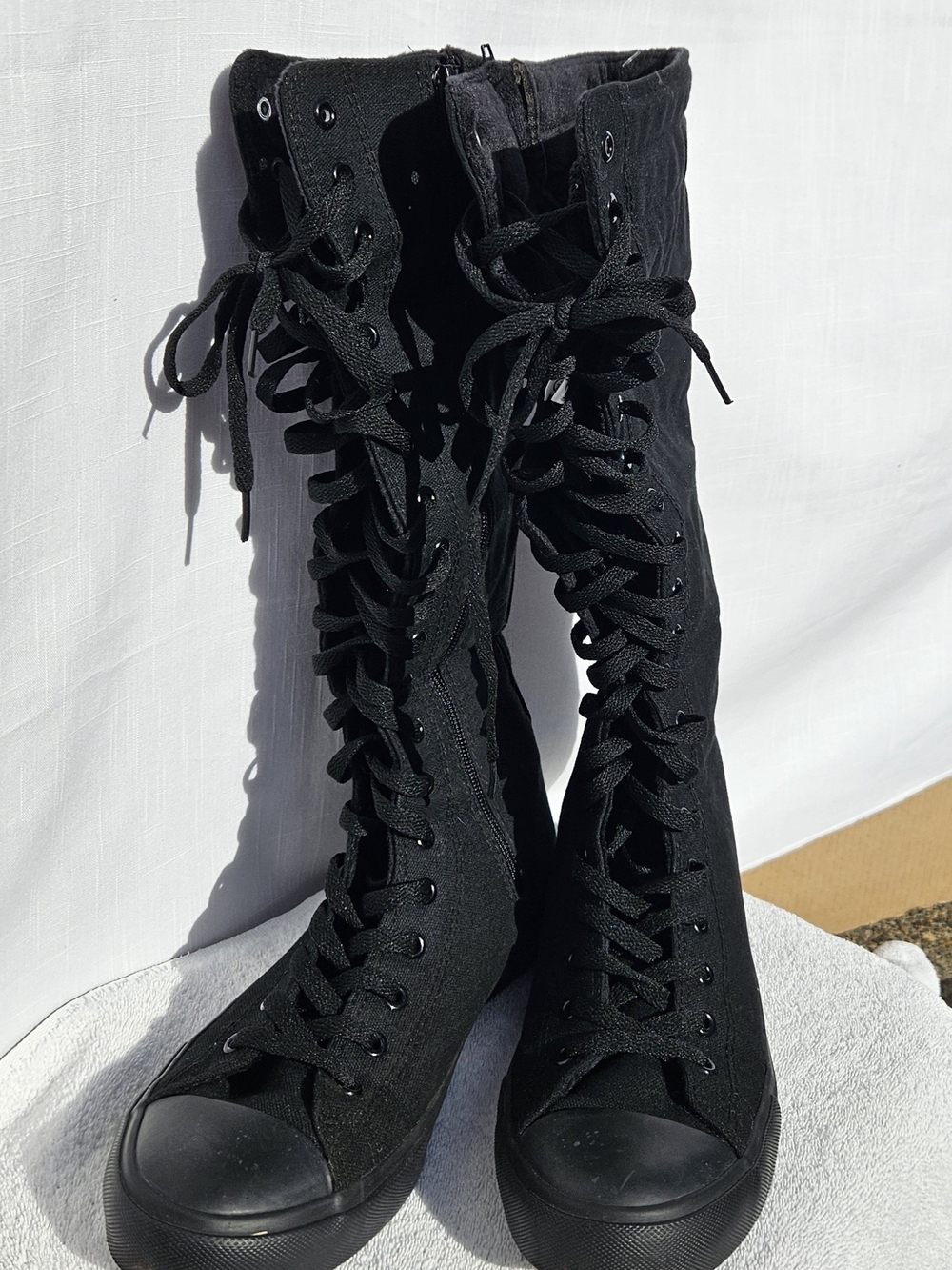 YUANBU Black Lace-Up Knee-High Canvas Boots - Women Sz 43 EU/ US 12